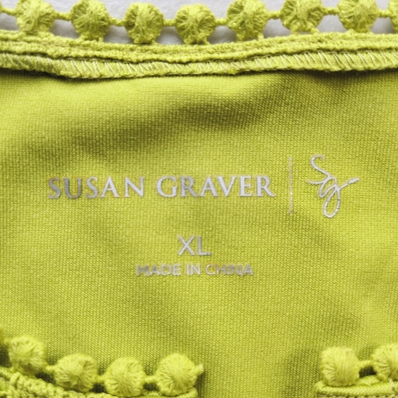 SUSAN GRAVER Ruffle Top XL Green 3/4 Sleeve Crochet Button Stretch Tunic - Picture 6 of 8